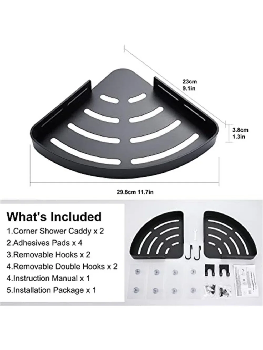 Adhesive Corner Shower Caddy with Hooks, Black, 2 Pack